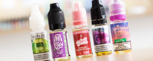Nic salt e-liquid bottles on display