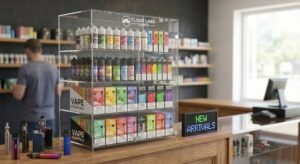 New vape arrivals flavor bottles displayed on a shelf