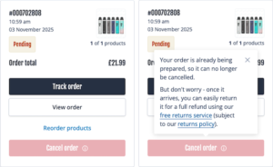 Order confirmation email showing tracking number and order tracking link