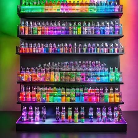 Rows of e-liquid and nic salt bottles organized on a shelf at CloudNova USA, the vape shop featured throughout this sitemap